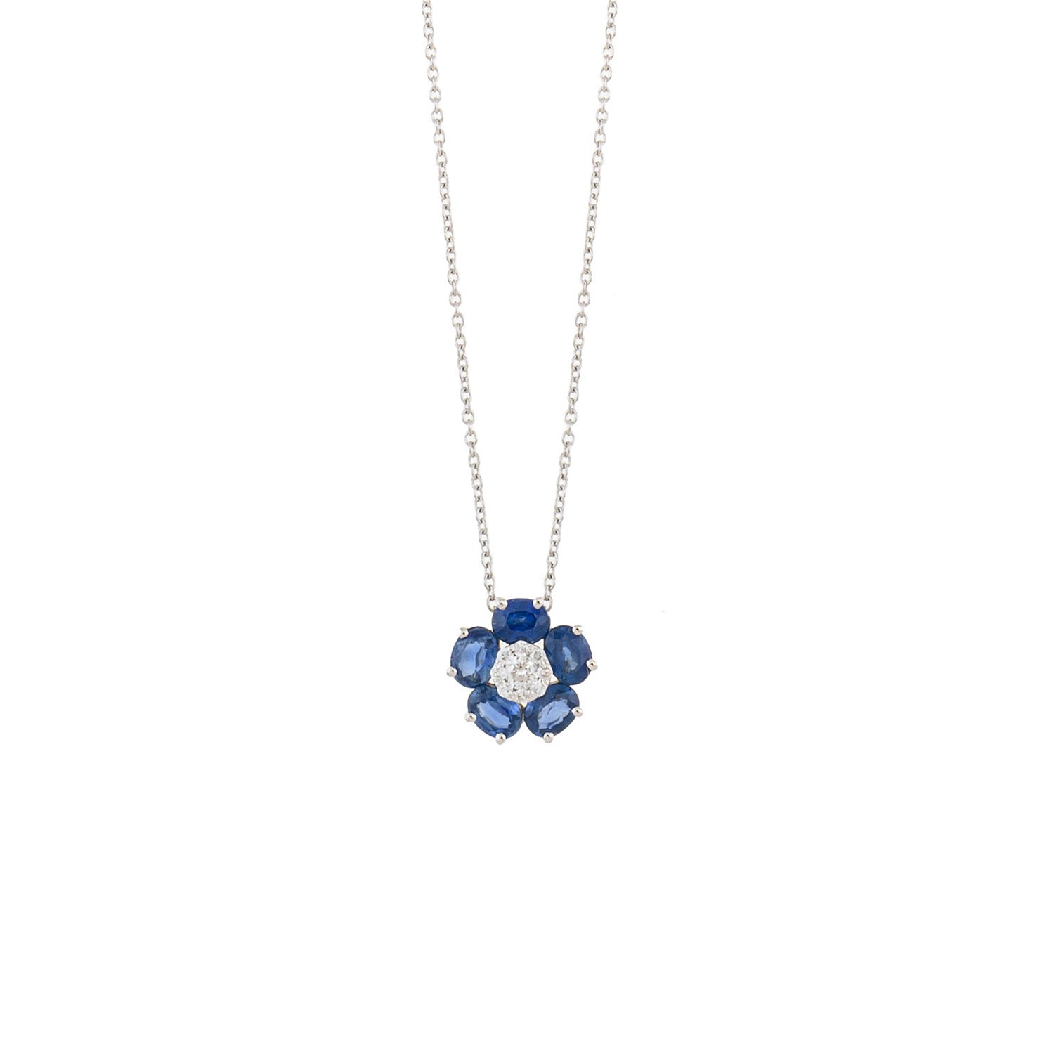 Sapphire Necklace. Sapphire and diamond necklace. Sapphire necklace for gift. Chain necklace. Anatol jewelry. Fine jewelry. Golden Hall. Kifissia. Athens. Χρυσό κολιέ. Κολιέ με διαμάντια. Χρυσά κοσμήματα. Κηφισιά. Κολιέ με μπριγιάν. Κολιέ με ζαφείρια. Κολιέ με μπριγιάν και ζαφείρια. Flower necklace.