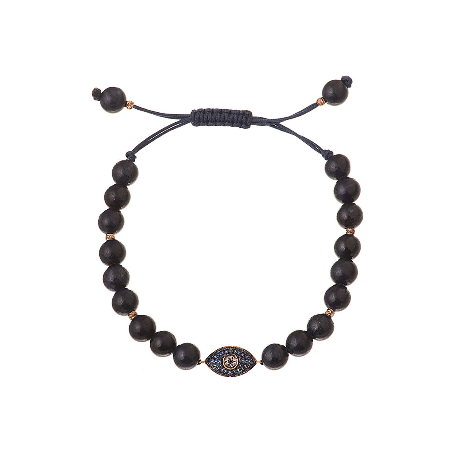 Evil eye bracelet made of blue sapphire. Sapphire beads around the evil eye.