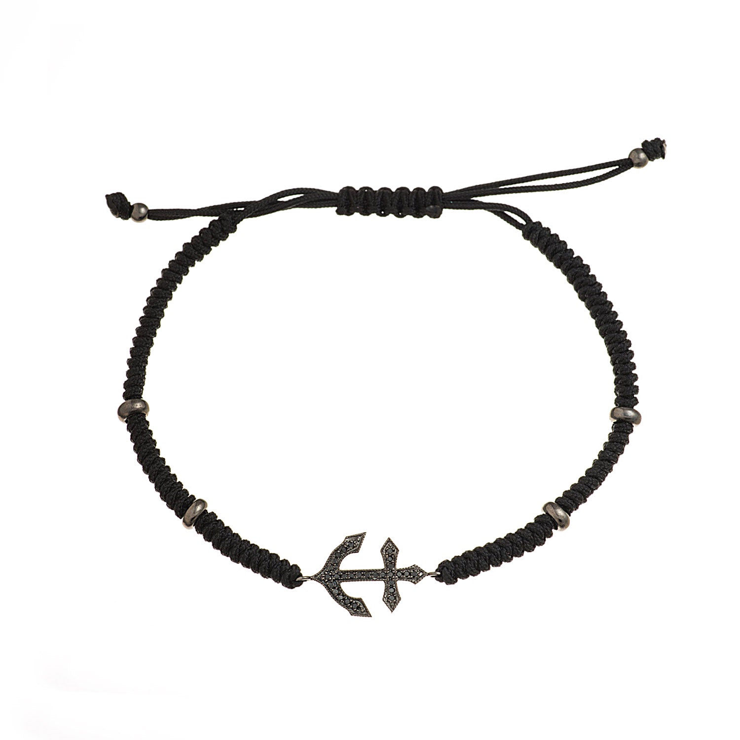 Anchor gold pendant with black diamonds. Easily to wear with the beautiful macrame sting.