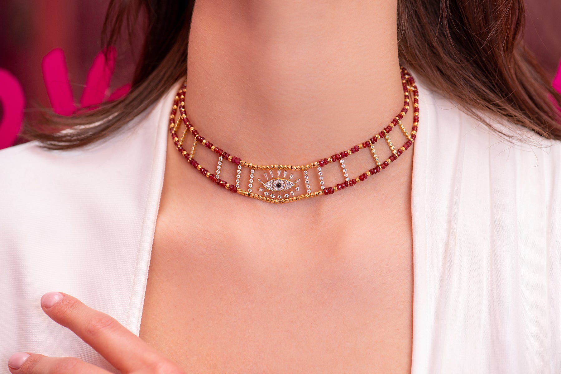 Symbol necklace. Gift necklace. Gold necklace. Diamond necklace. Precious stone necklace. Evil Eye necklace. Rose gold necklace. Chain necklace. Easy to wear necklace. Anatol jewelry. Fine jewelry. Golden Hall. Kifissia. Sapphire necklace. Sapphire beads. Evil eye necklace. Ruby necklace. Chocker necklace.
