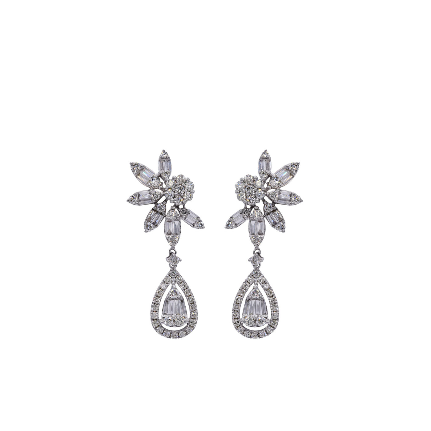 Pear shaped rosettes, made by baguette cut diamonds.