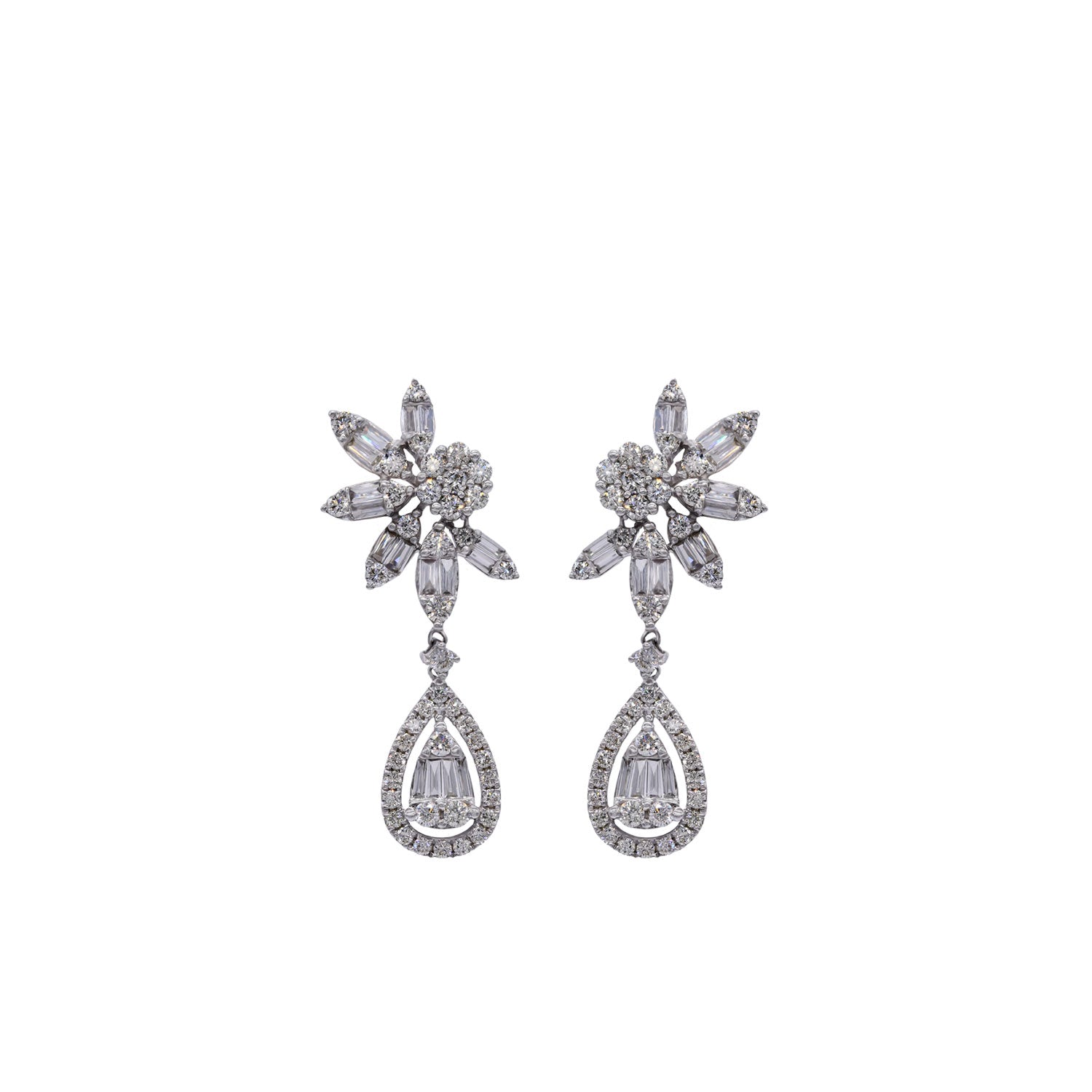 Pear shaped rosettes, made by baguette cut diamonds.