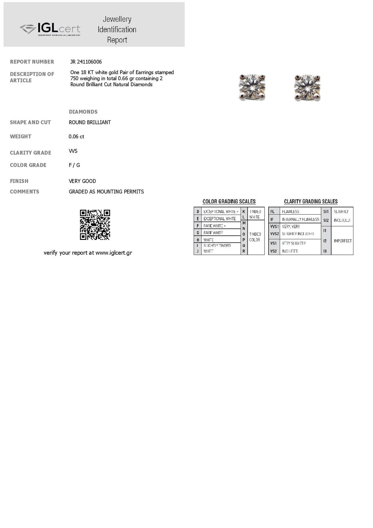 0,06CT, F/G, VVS2 Diamond Earring