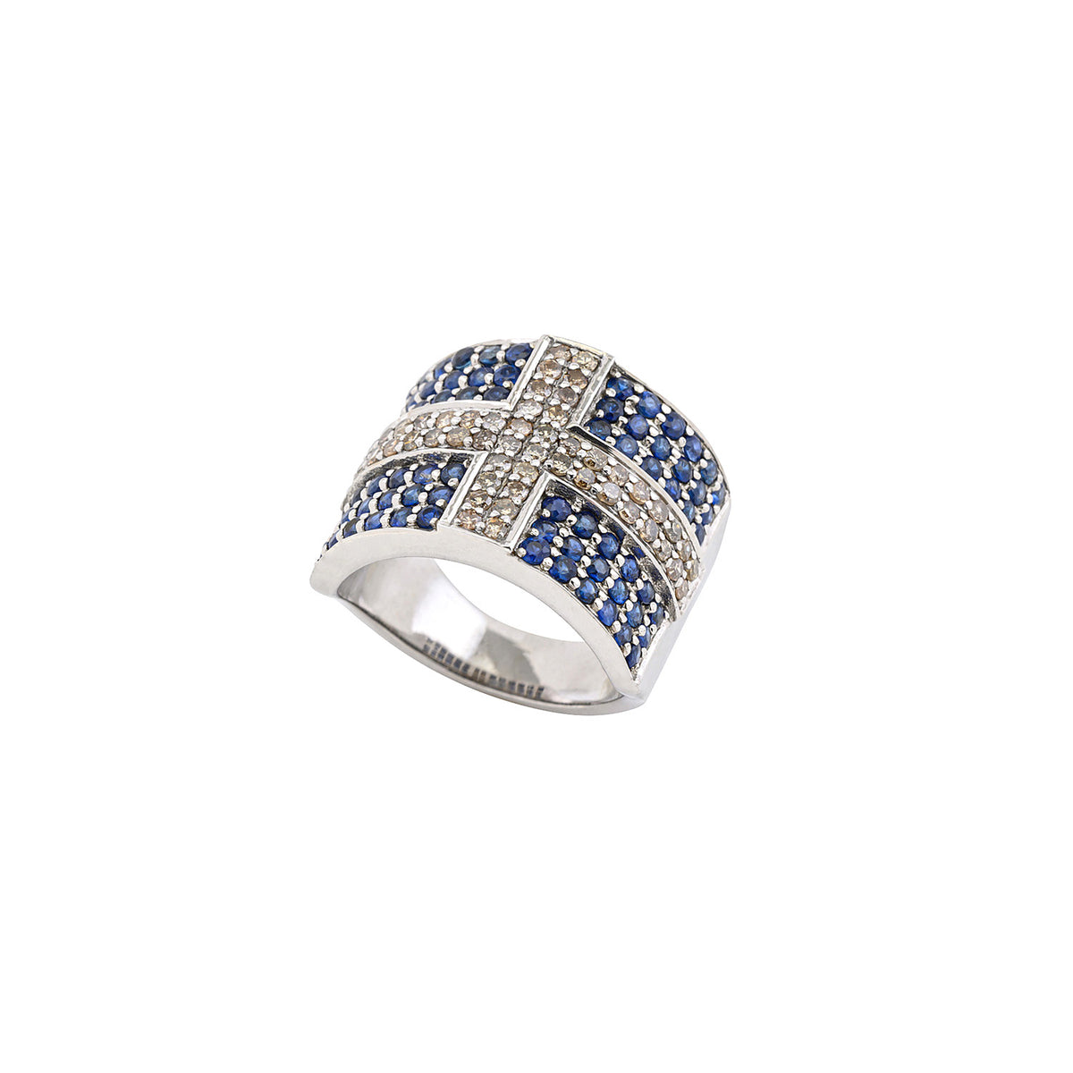 Greek flag ring. Chevalier ring. Diamonds, sapphires and rubies.