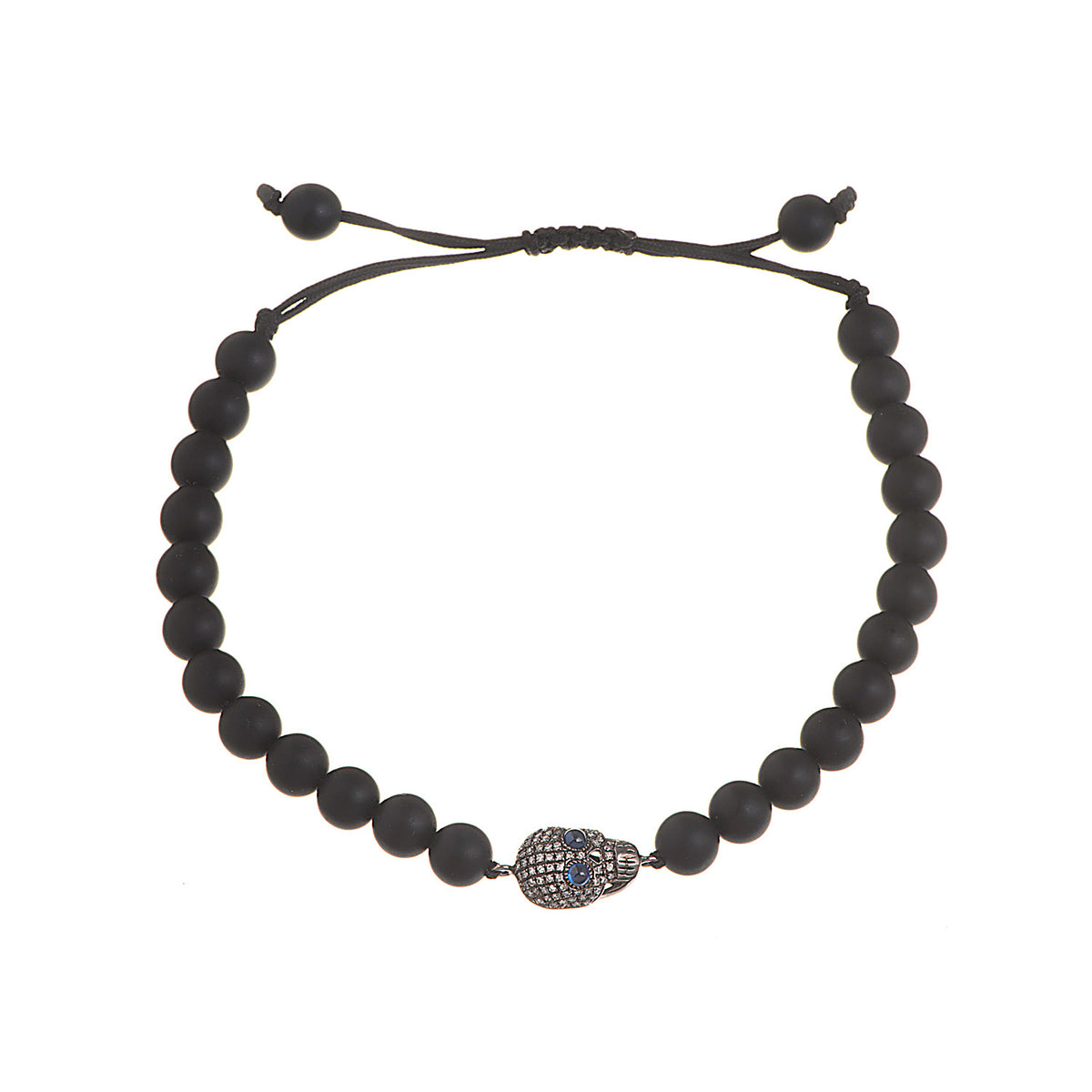 Onyx beads bracelet with a scull pendant with diamonds and two blue sapphires.
