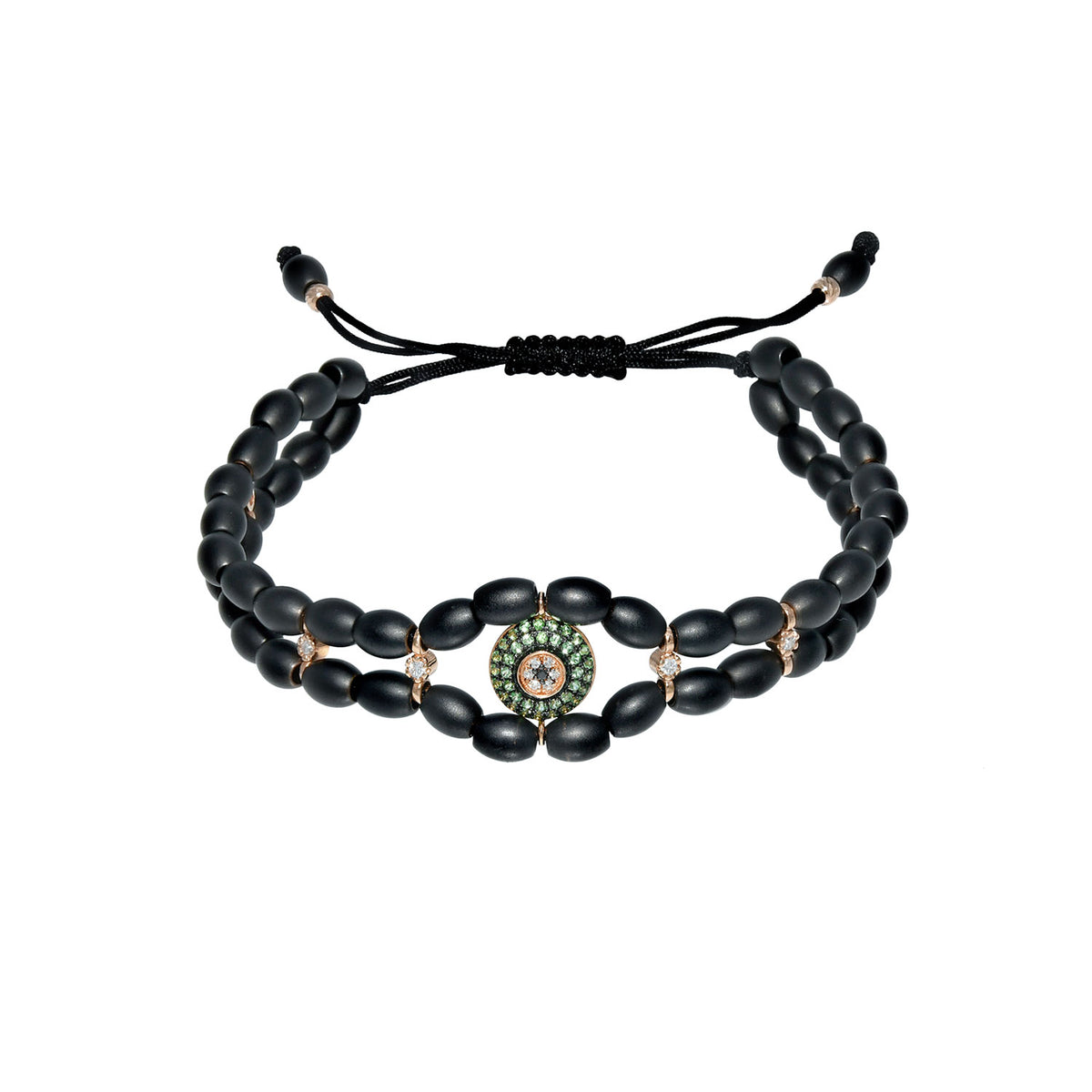 Gold evil eye bracelet with diamonds and tsavorite. Ceramic beads make this bracelet an everyday bracelet to wear.