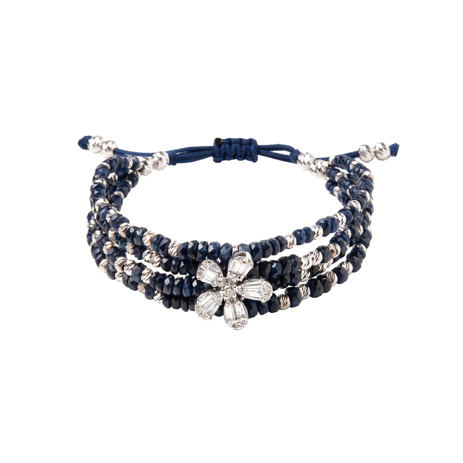 Baquette diamond flower with gold beads and blue sapphire.