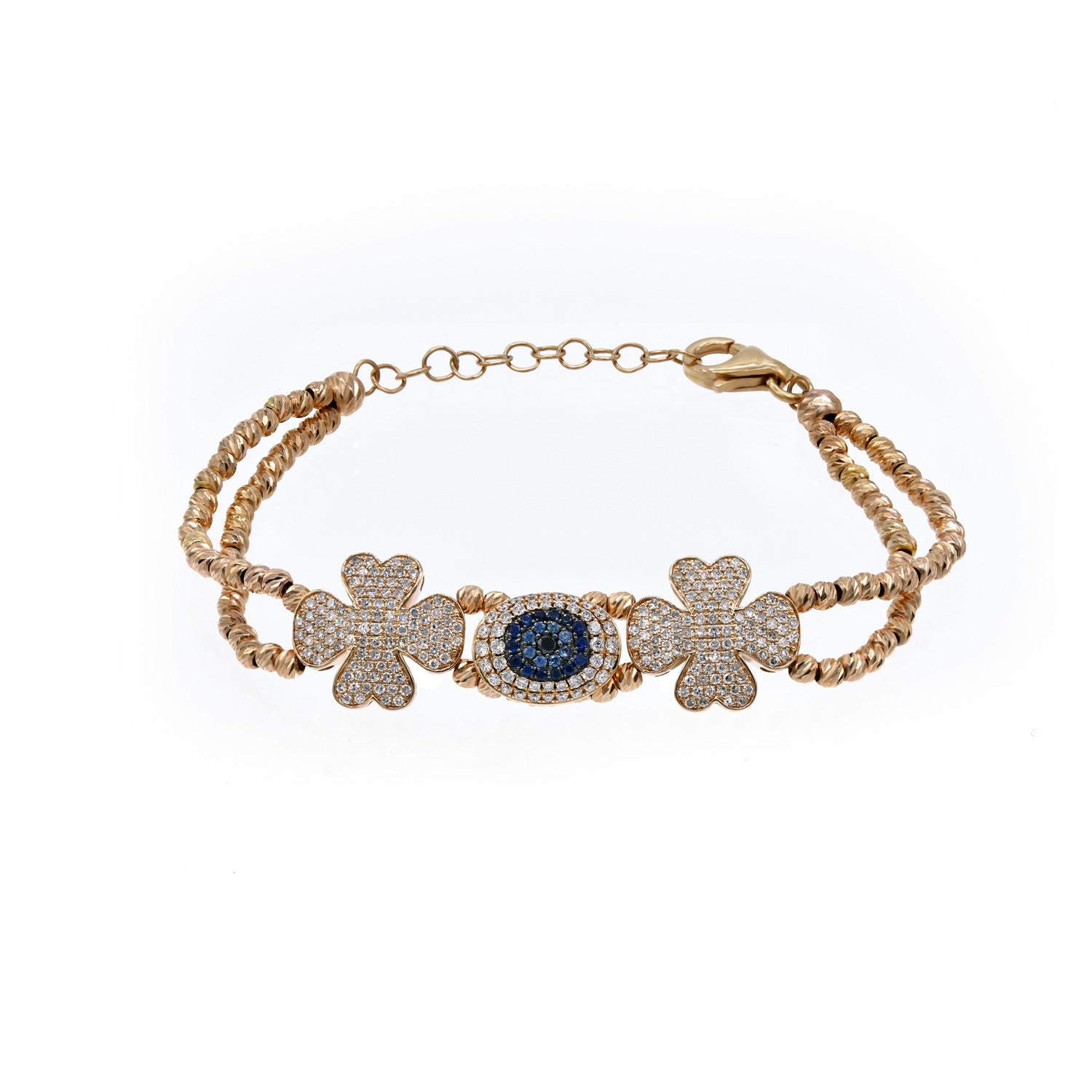 Evil eye bracelet. Lucky clover bracelet. Gold bead bracelet. Rose Gold bracelet. Gold and diamond Bracelet. Βραχιόλι χρυσό με διαμάντια. Βραχιόλι μάτι. Βραχιόλι με τετράφυλλα. 