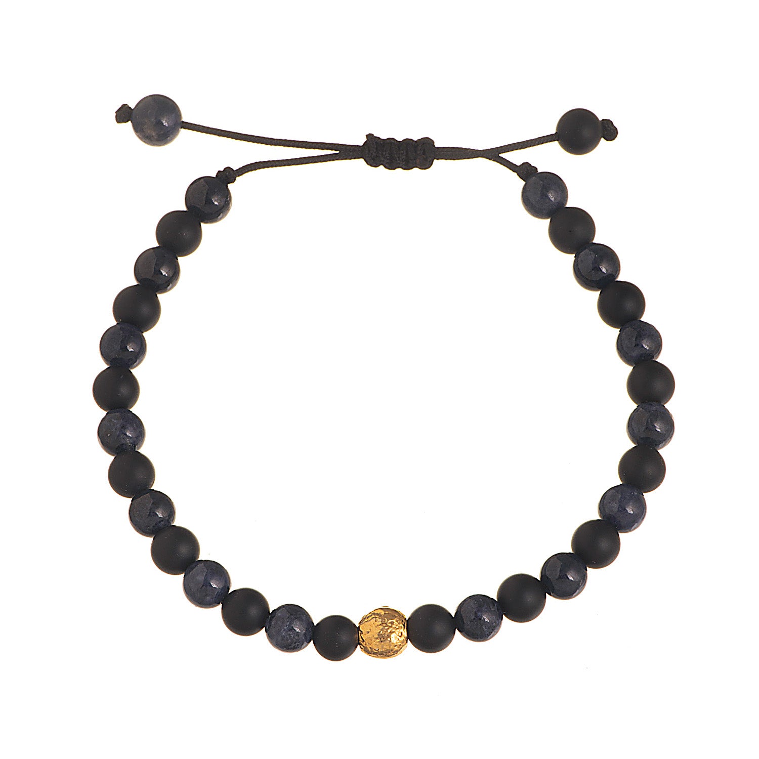 Gold bead bracelet combined with sapphire and onyx beads. Perfect for a present to your boyfriend.