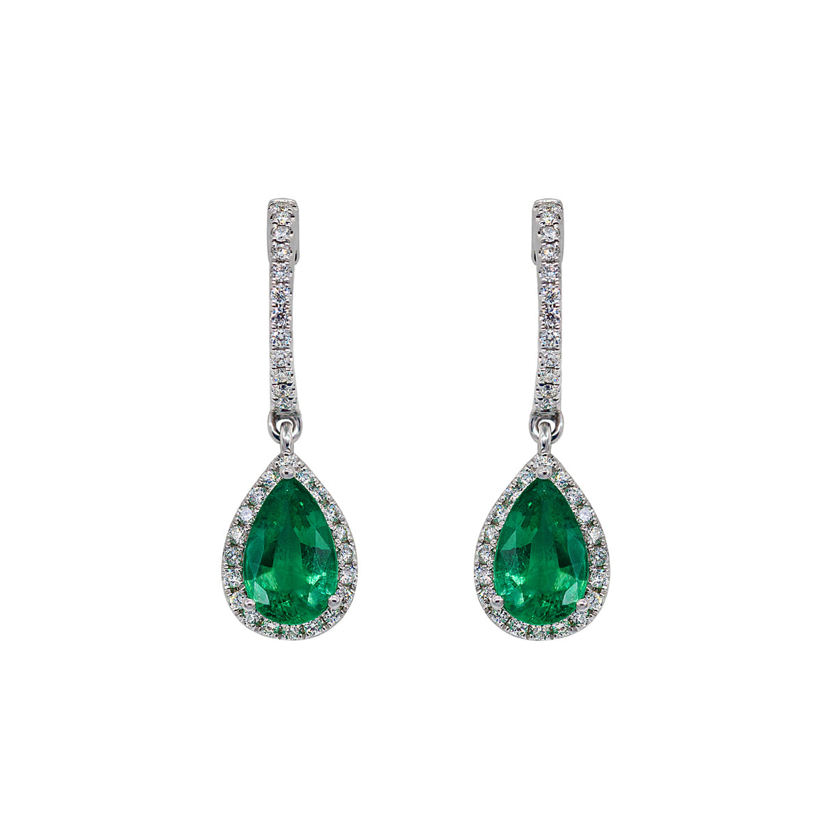 Emerald and Diamond Earring. Pear shaped emerald earring.