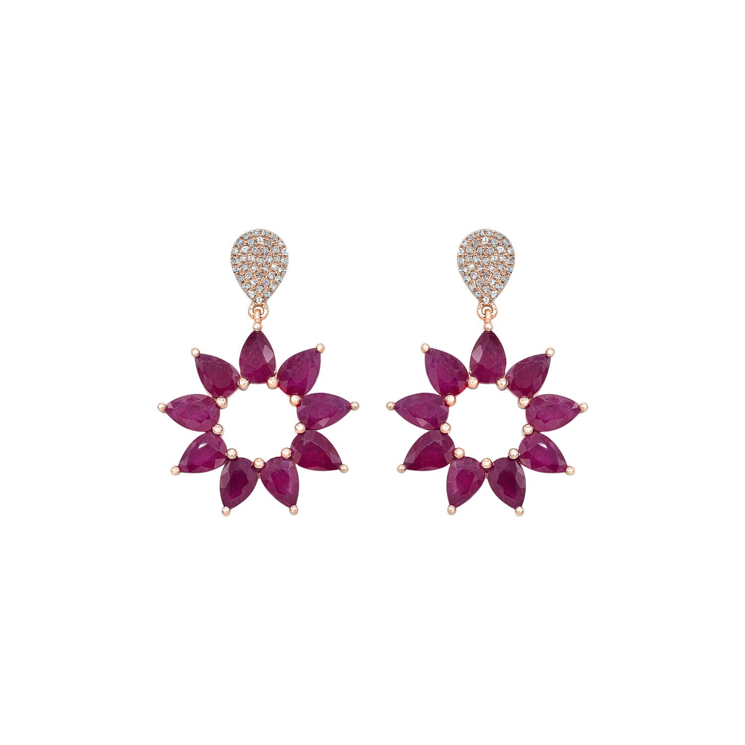 Diamond and Ruby Earring. Rose Gold Earring. 