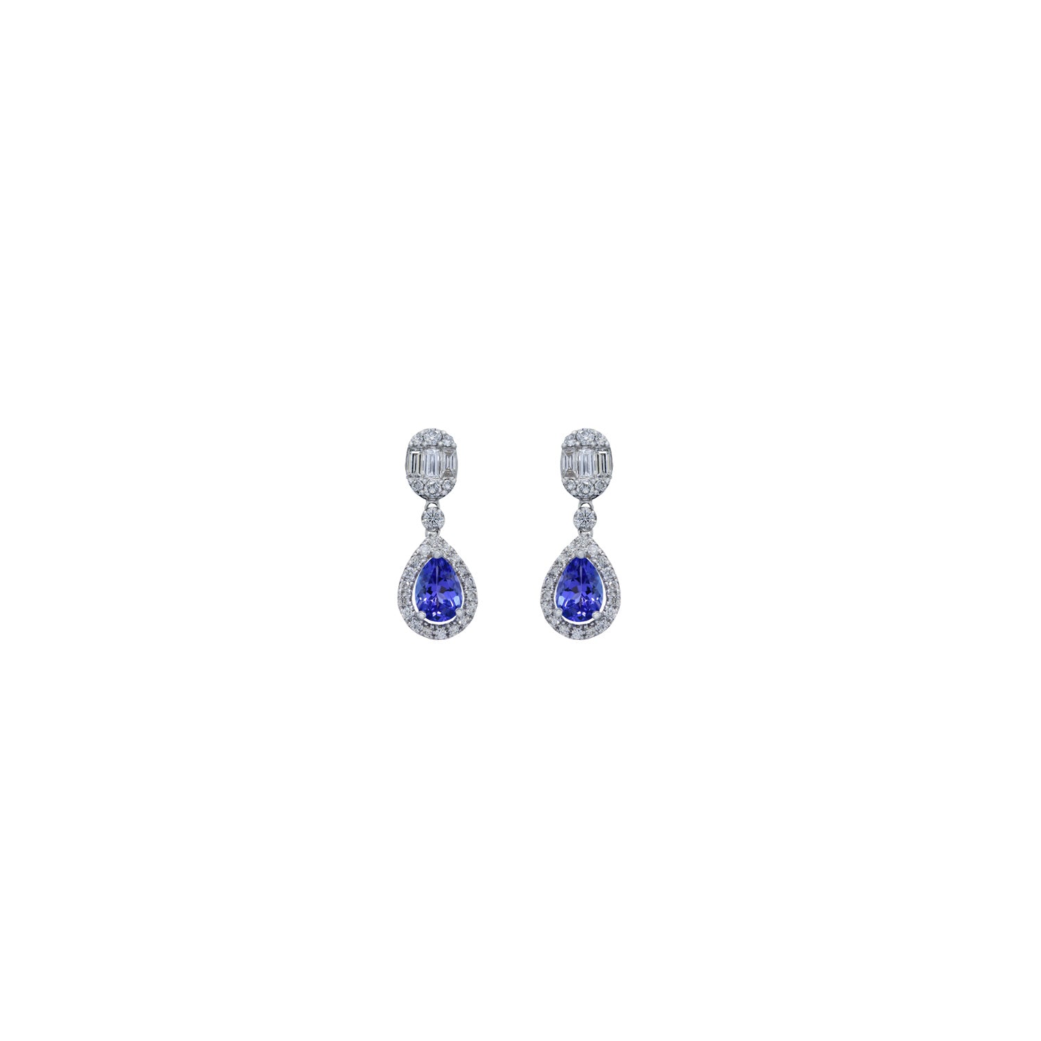 Diamond drop earrings. Tanzanite earring. Diamond and tanzanite earring. Blue stone earring.