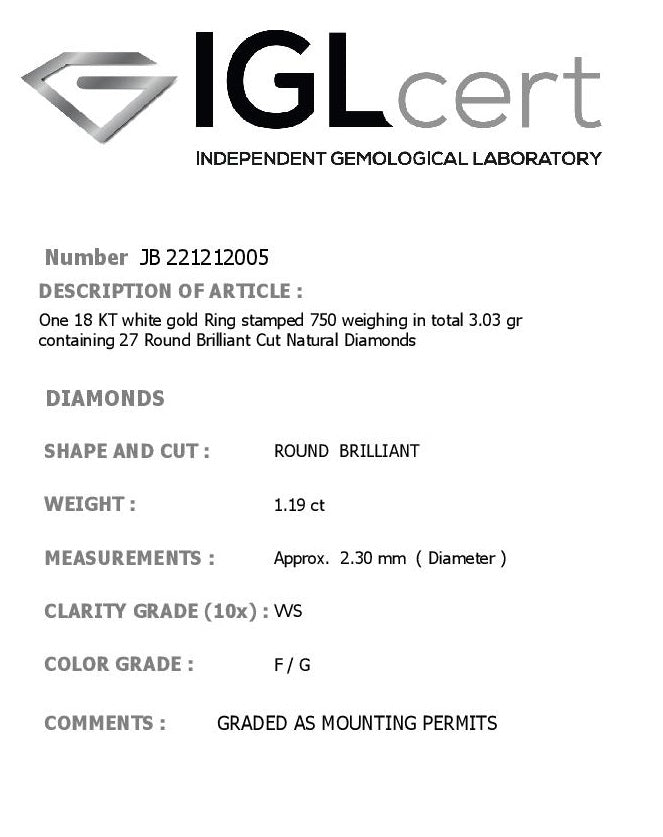 1.19CT, F/G, VVS2 DIAMOND ETERNITY RING