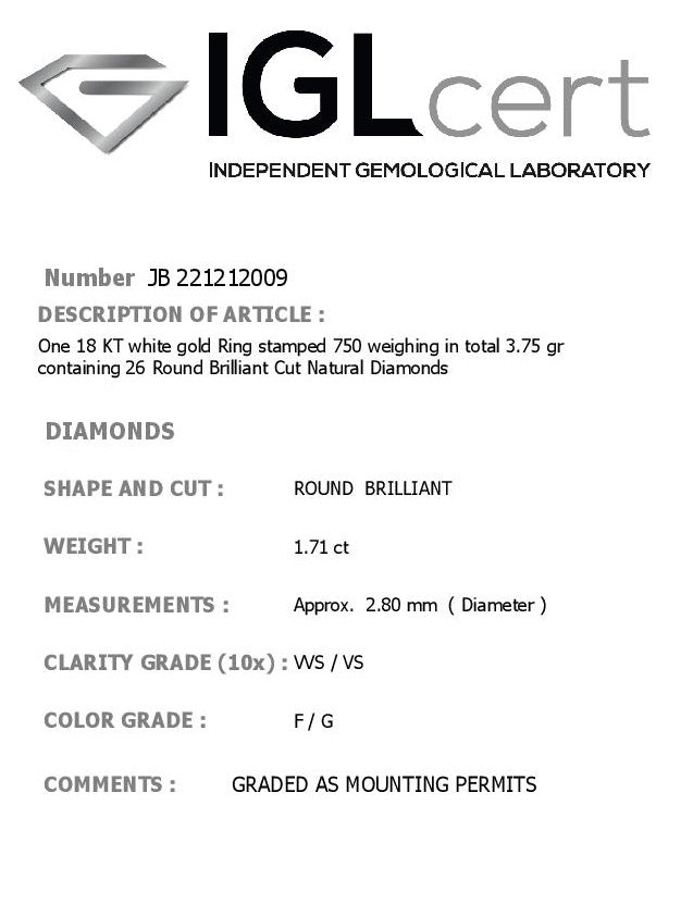 1.71CT, F/G, VVS2/VS1 DIAMOND ETERNITY RING