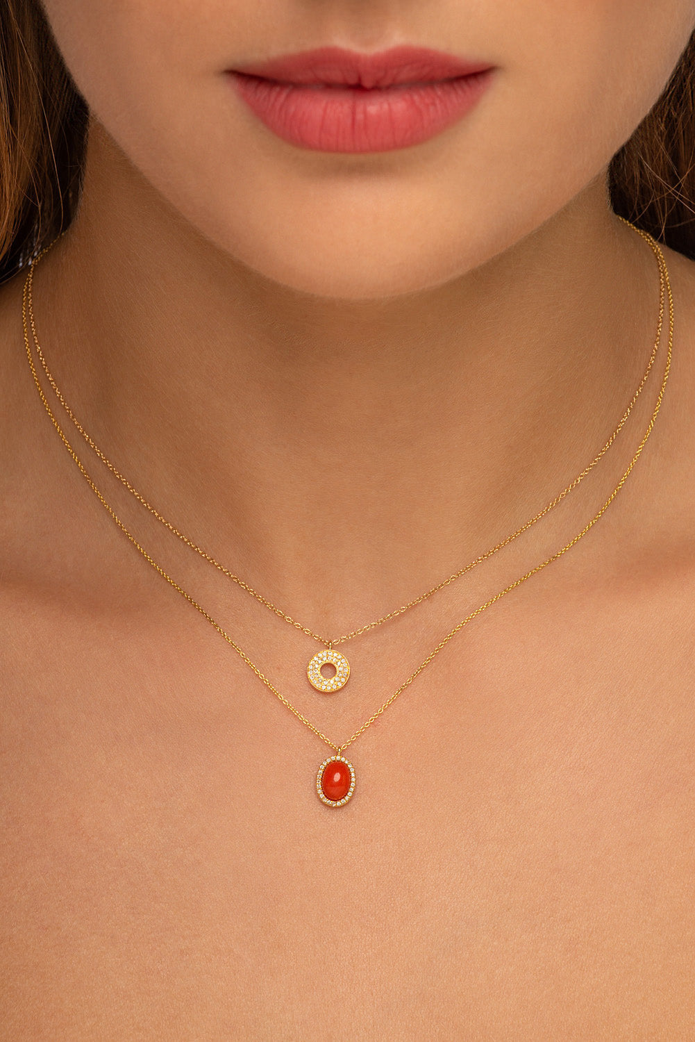 Oval Coral and Diamond Necklace