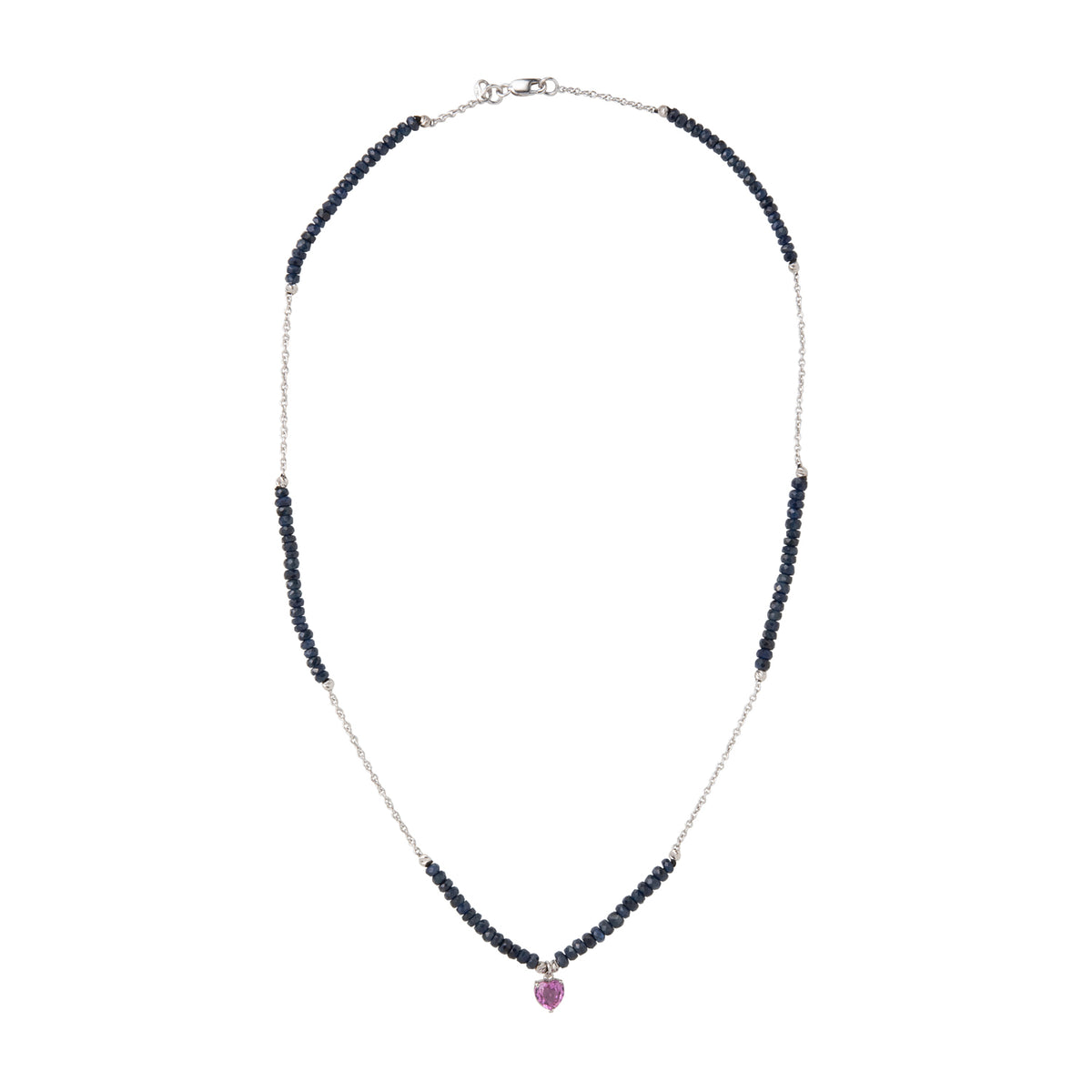 Pink Sapphire heart with blue sapphire and white gold chain 