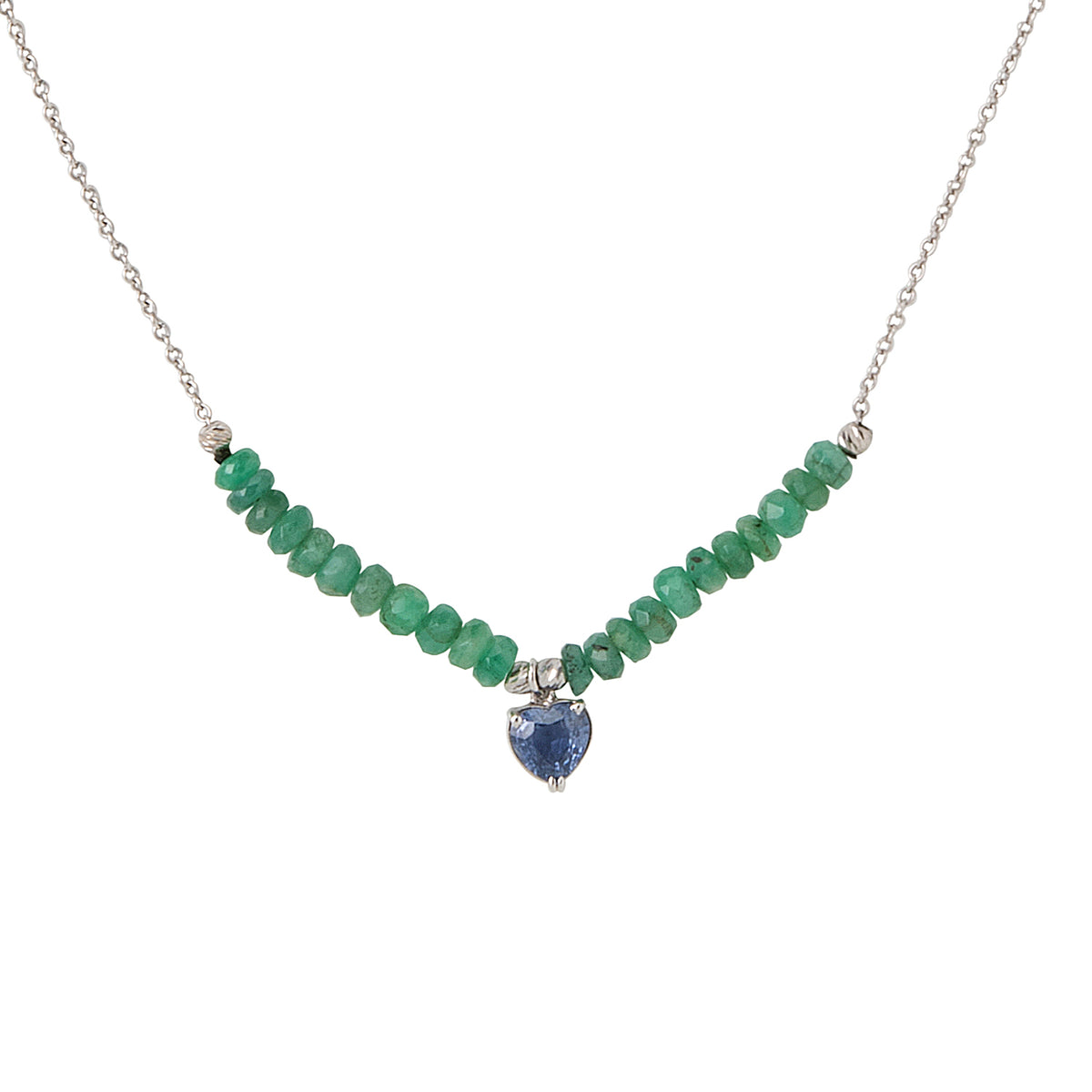 Blue sapphire heart with emerald beads and chain
