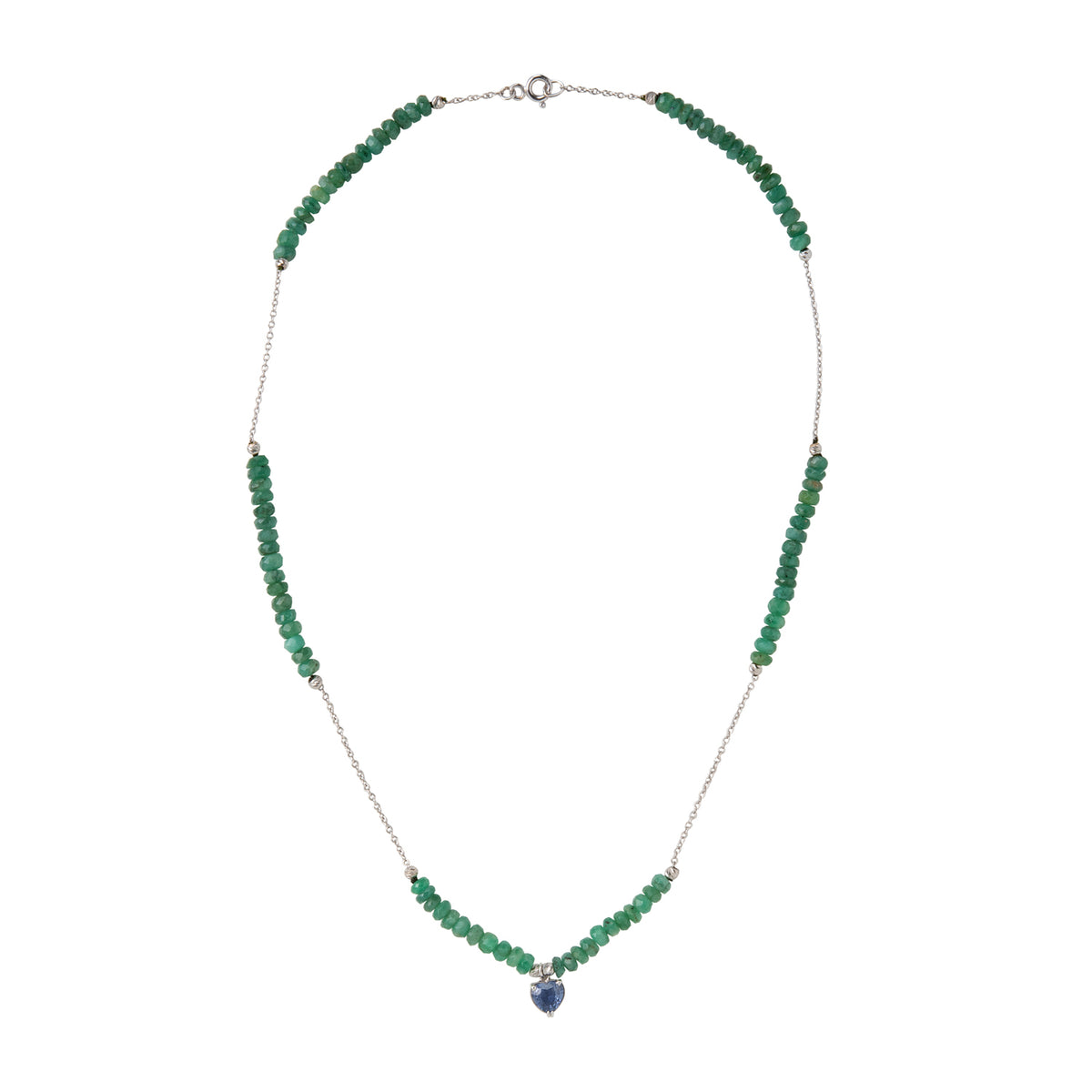 Blue sapphire heart with emerald beads and chain