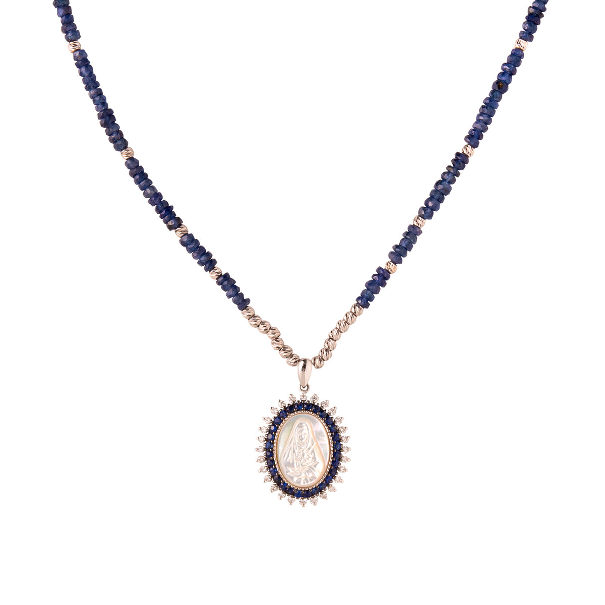 Gold necklace with sapphire beads and Madonna sapphire with diamonds pendant.