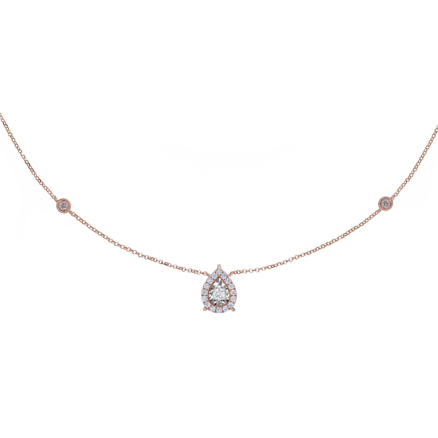 Diamond necklace. Pear shaped diamond necklace. Rose gold necklace