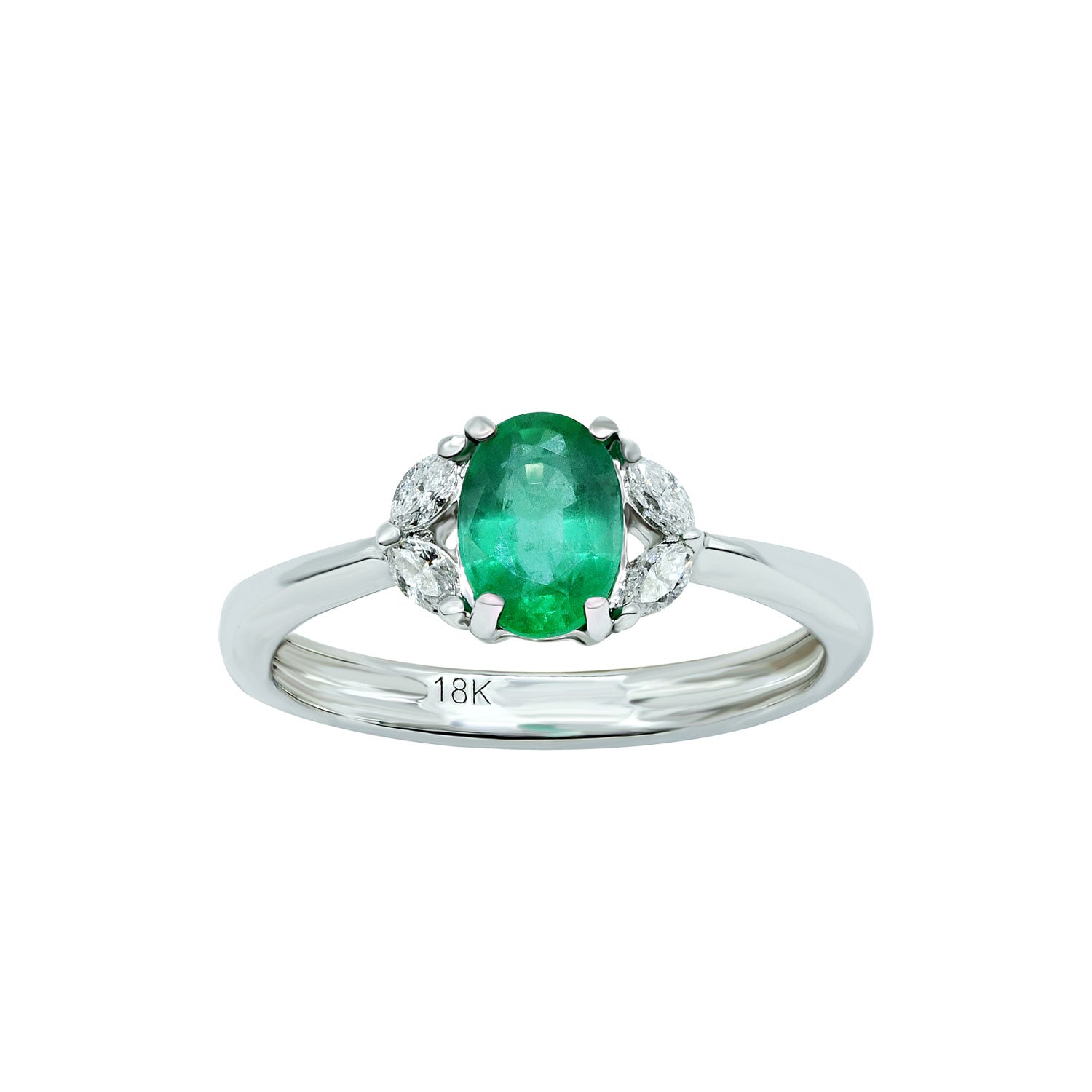 White Gold ring with Oval emerald surrounded by oval diamonds