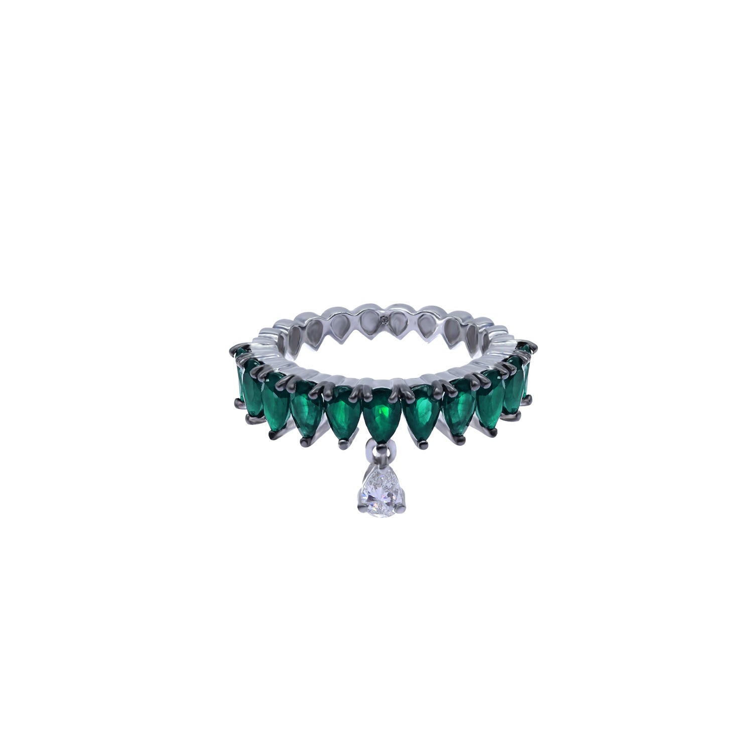 Diamond and emerald ring. Eternity ring. Diamond drop ring. Pear shaped diamond ring.