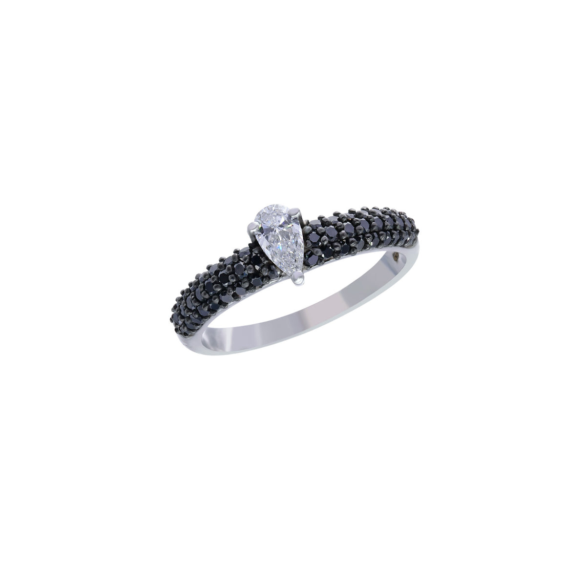 Engagement ring. Diamond engagement ring. White and black diamond ring. Black diamond ring. Pear shaped diamond ring.