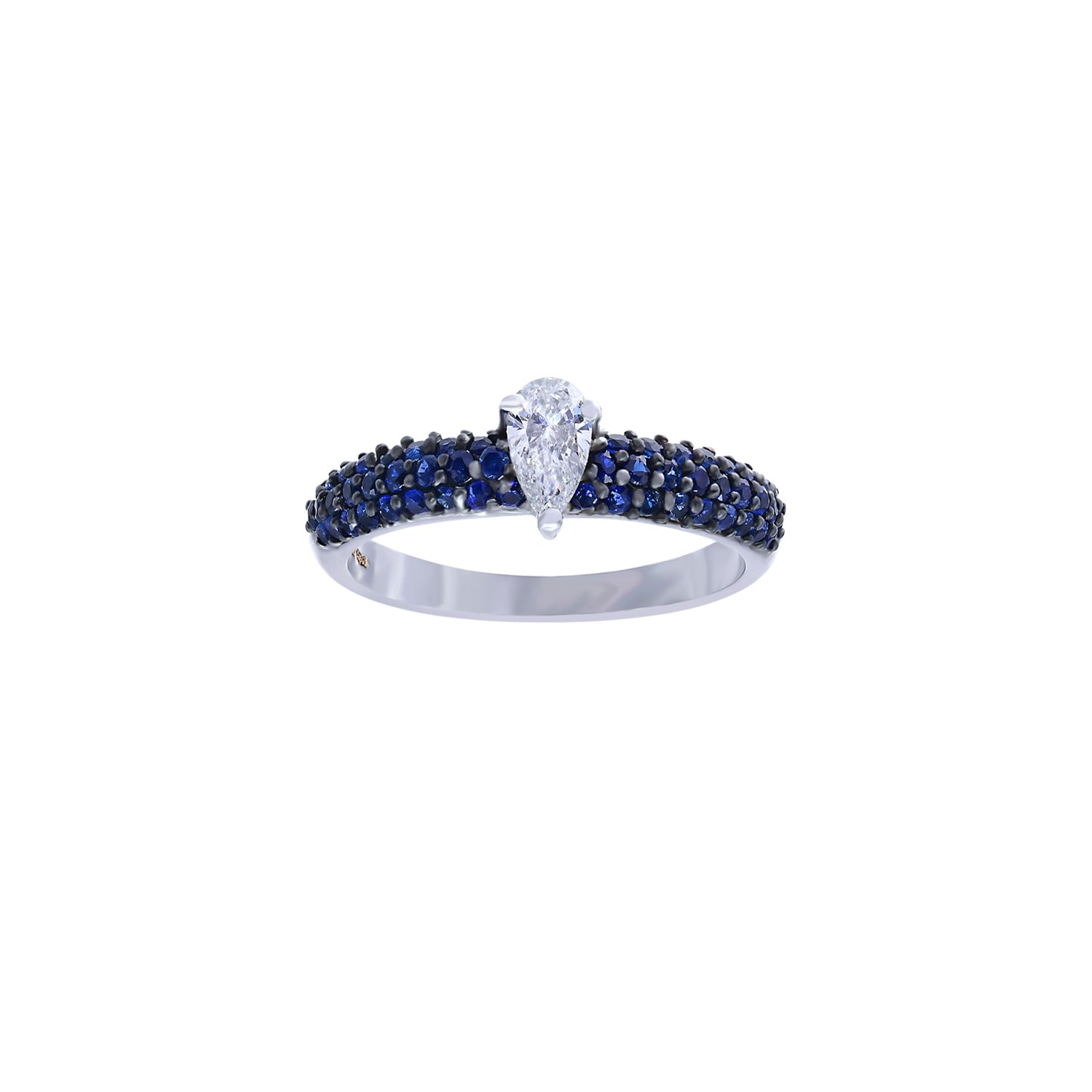 Diamond engagement ring. Pear shaped diamond ring. Diamond and sapphire ring.
