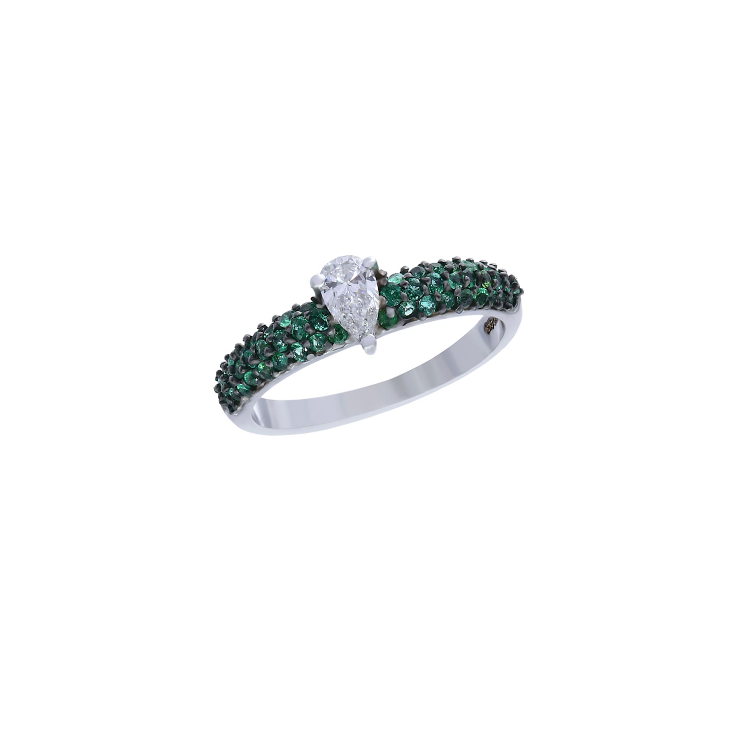 Diamond engagement ring. Diamond and emerald ring. Emerald ring. Pear shaped diamond ring.