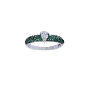 Diamond engagement ring. Diamond and emerald ring. Emerald ring. Pear shaped diamond ring.